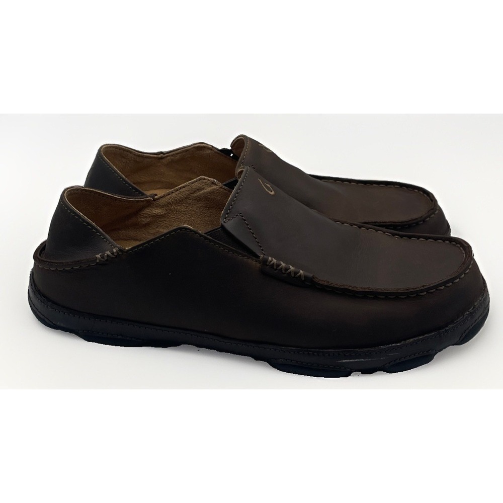 Olukai Moloa Mens Leather Slip On Shoes Dark Wood Brown Drop-In Heel Loafers 10